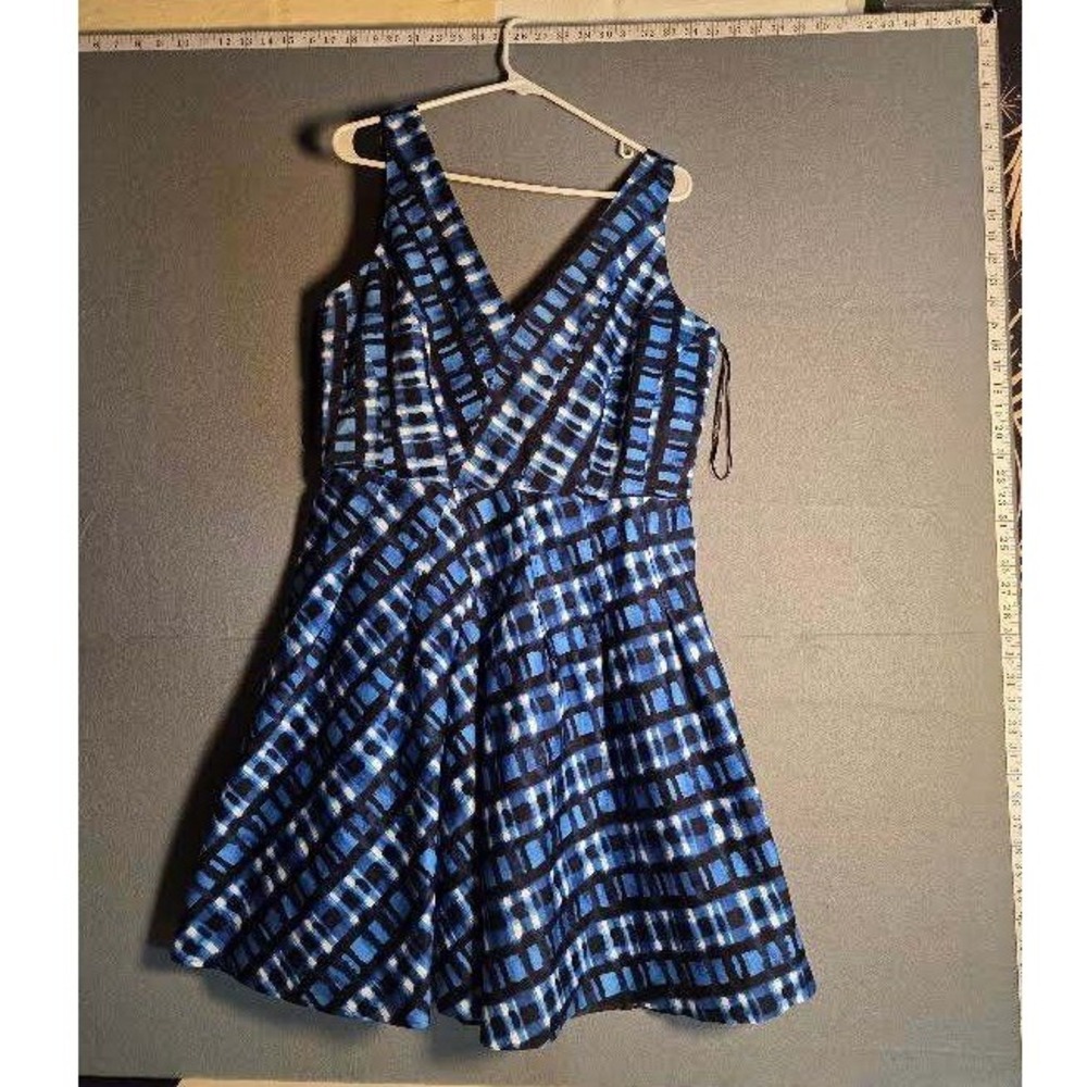 Calvin Klein Marine Blue Black Geometric V-Neck Fit Flare Dress 16 M1BBG965